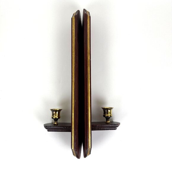 Vintage Pair of Wooden Wall Candleholders Sconces with Brass Candle Taper - Picture 5 of 9